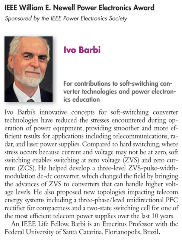 Prof. Ivo Barbi recebe importante reconhecimento do IEEE